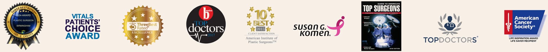 Dr. Beckenstein awards and honors: 2024 award - Plastic Surgeon Birmingham; Vitals Patients Choice Award; Three Best Rated Excellence; bMetro Top Doctors 2017; 2015 10 best in client satisfaction - American Institute of Plastic Surgeons; Susan G. Komen.; Guide to Americas Top Surgeons; Top Doctors; American Cancer Society - Life Inspiration Award - Life Saver Recipient